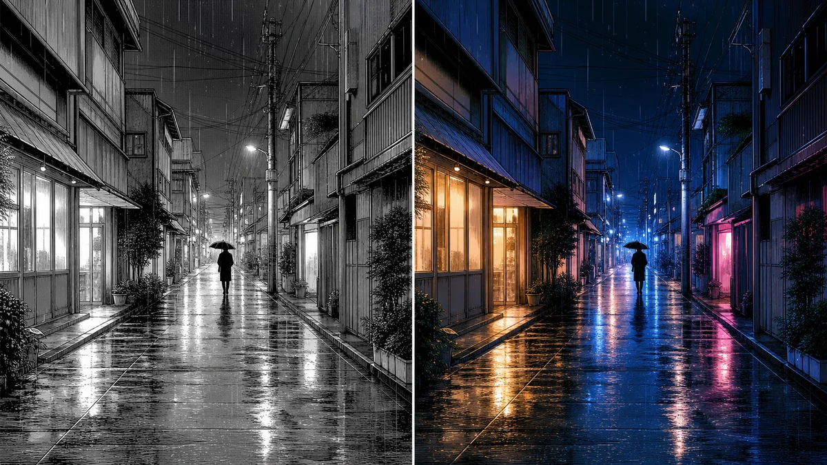 비 오는 만화 거리 장면을 드라마틱한 밤 조명으로 컬러화한 전후 예시